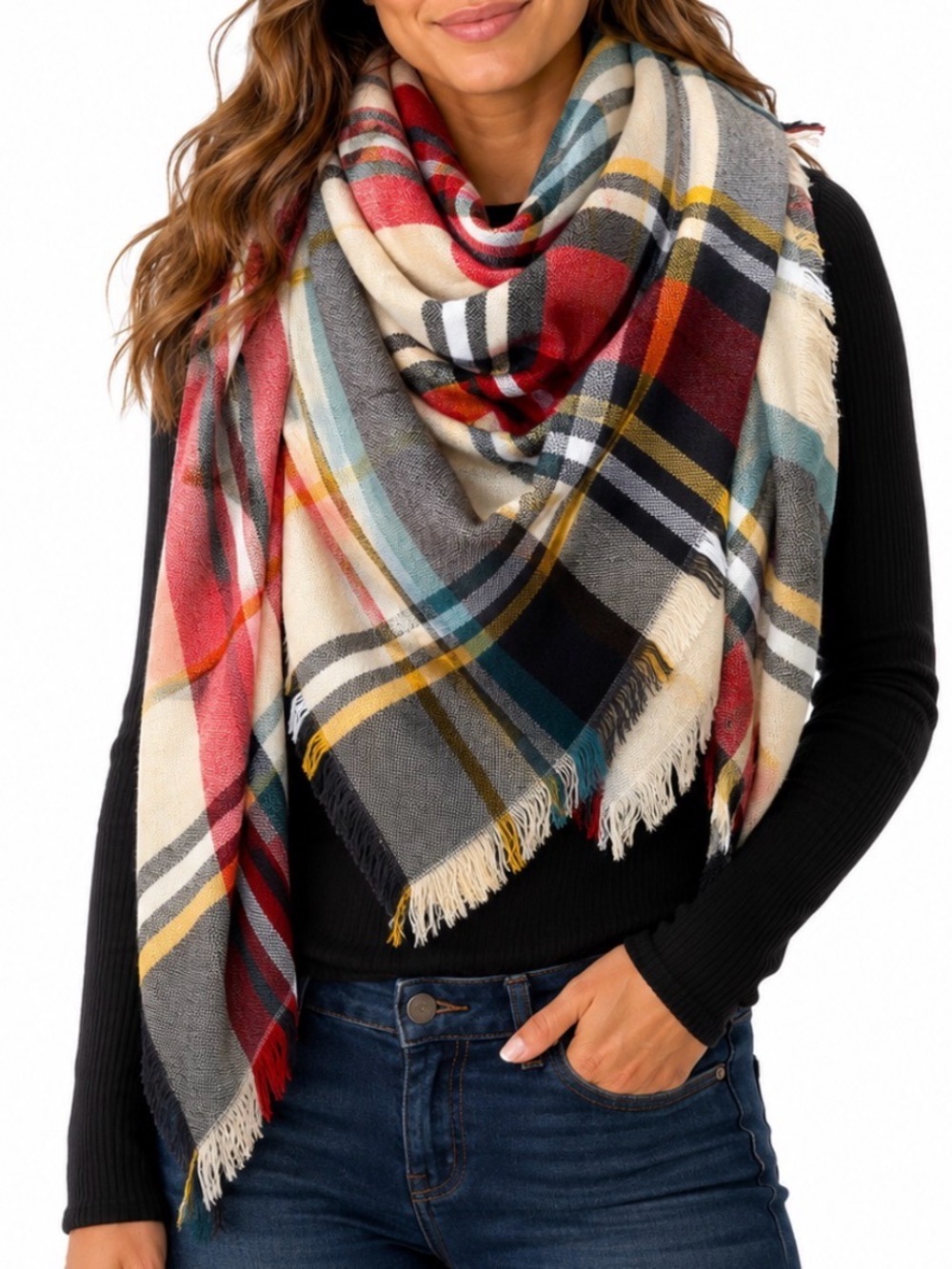 Cozy Plaid Throw Blanket scarf in Red, Cream & Black Soft tartan oversized cozy